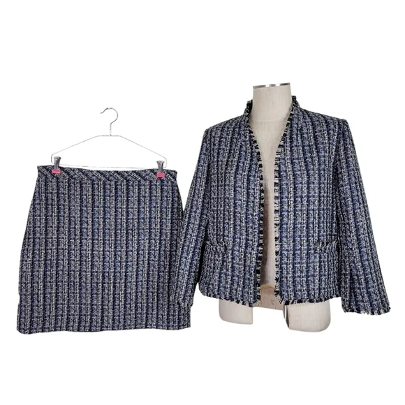 Ann Taylor Factory Tweed Skirt Suit 12 Black Tan Fringe Trim Pockets Open Front - Picture 11 of 11